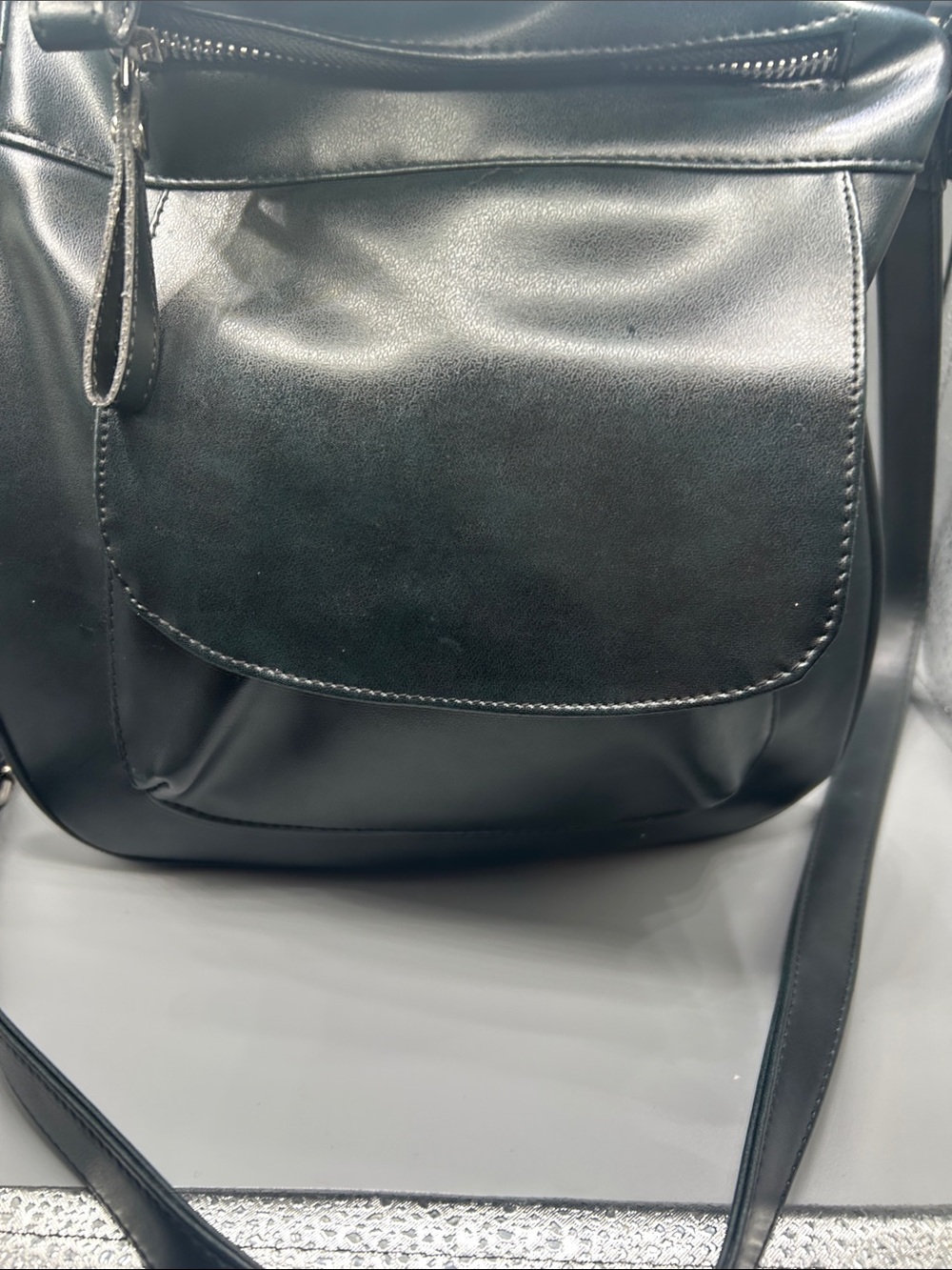 Black Leather-Look Crossbody Bag with Front Flap Pocket